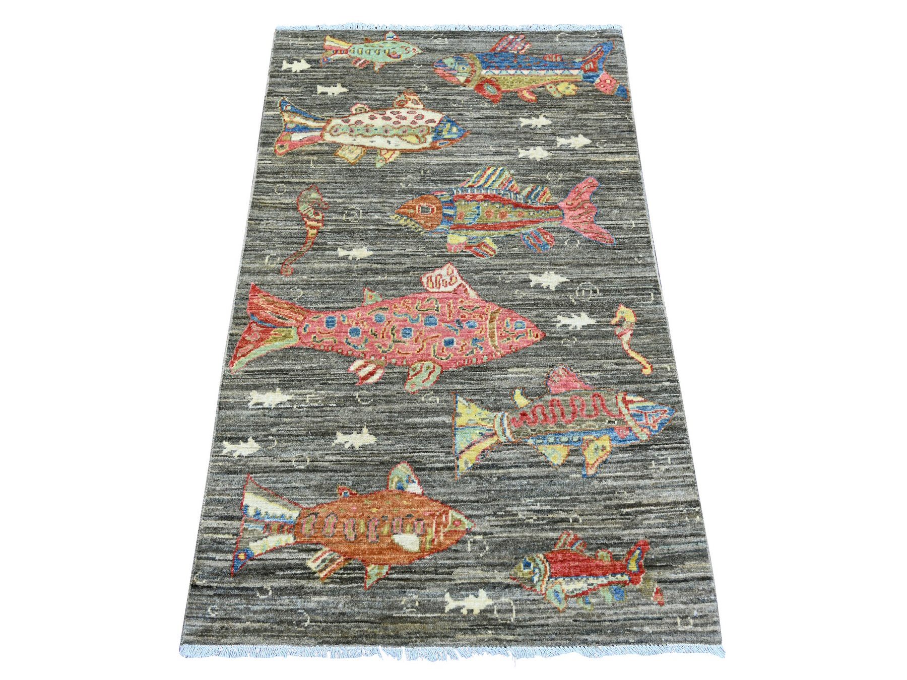 3'x5' Brown, Hand Knotted, Afghan Peshawar with Colorful Oceanic Fish Design, Soft and Velvety Wool, Oriental Rug HR21861