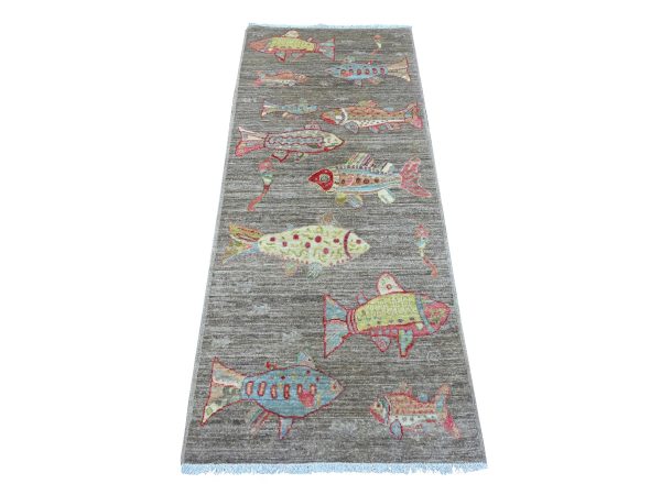 2'6"x6'1" Brown, Afghan Peshawar with Colorful Oceanic Fish Design, Soft and Velvety Wool, Hand Knotted, Runner, Oriental Rug HR21865