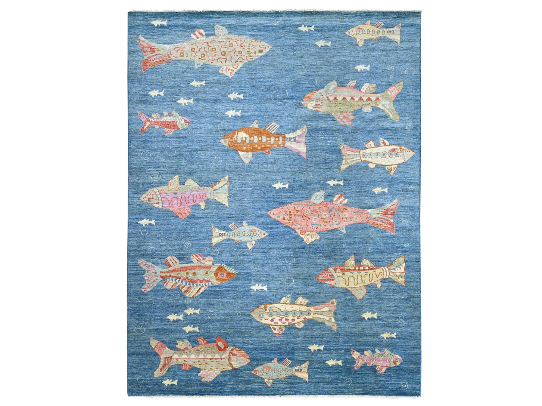 9'x11'9" Imperial Blue, Afghan Peshawar with Colorful Oceanic Fish Design, Soft and Shiny Wool, Hand Knotted, Oriental Rug HR21889