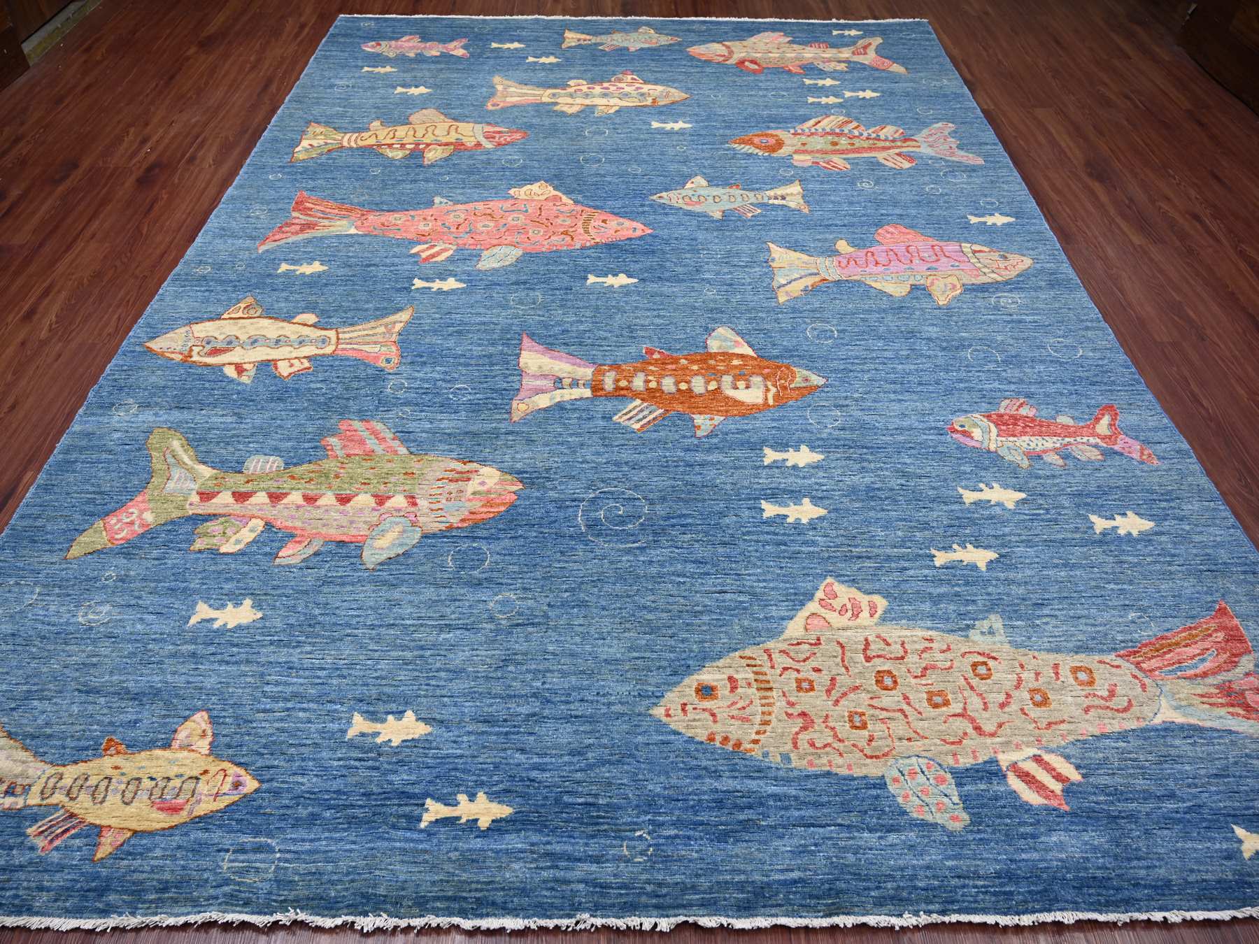 9'x11'9" Imperial Blue, Afghan Peshawar with Colorful Oceanic Fish Design, Soft and Shiny Wool, Hand Knotted, Oriental Rug HR21889 - Image 2
