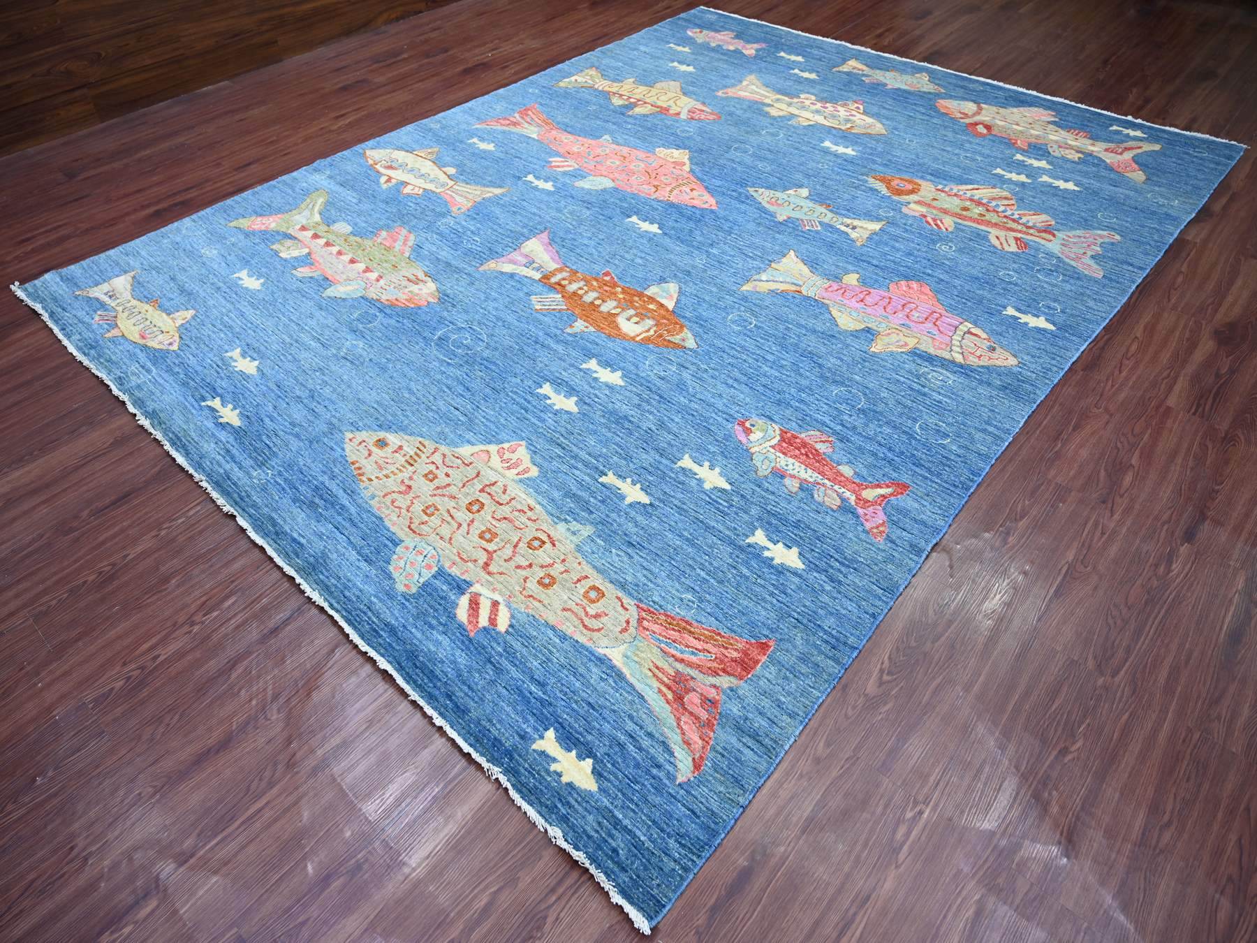 9'x11'9" Imperial Blue, Afghan Peshawar with Colorful Oceanic Fish Design, Soft and Shiny Wool, Hand Knotted, Oriental Rug HR21889 - Image 3