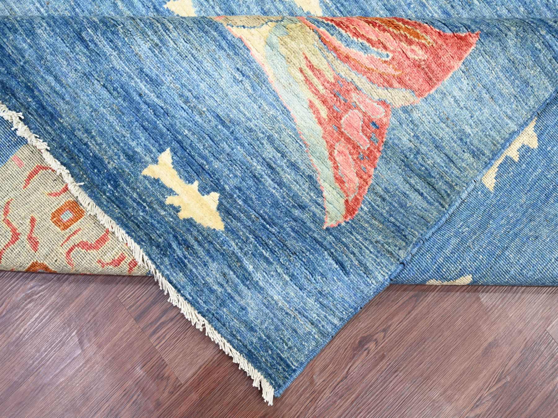 9'x11'9" Imperial Blue, Afghan Peshawar with Colorful Oceanic Fish Design, Soft and Shiny Wool, Hand Knotted, Oriental Rug HR21889 - Image 6