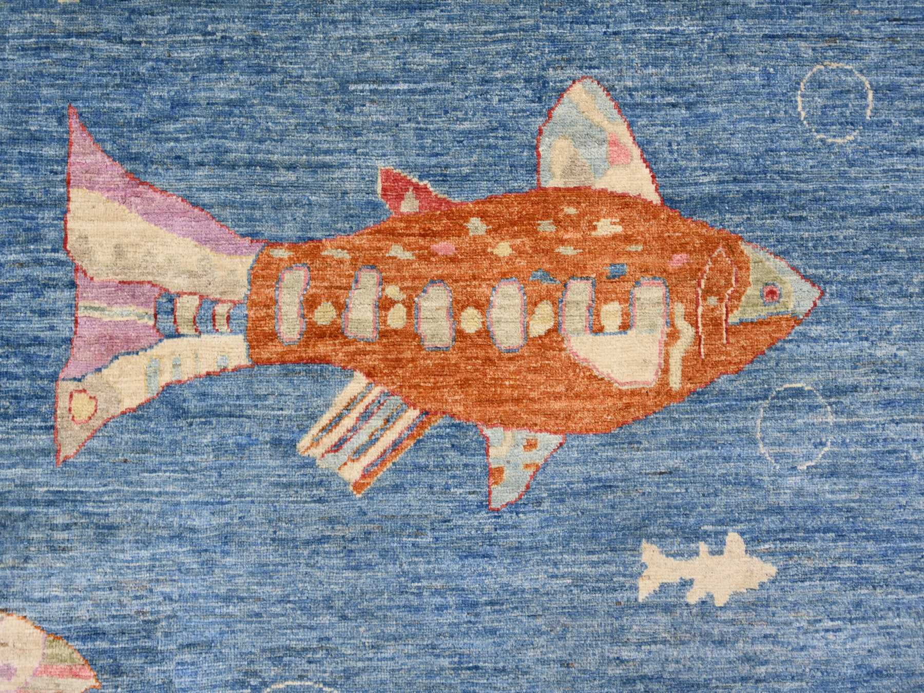 9'x11'9" Imperial Blue, Afghan Peshawar with Colorful Oceanic Fish Design, Soft and Shiny Wool, Hand Knotted, Oriental Rug HR21889 - Image 8