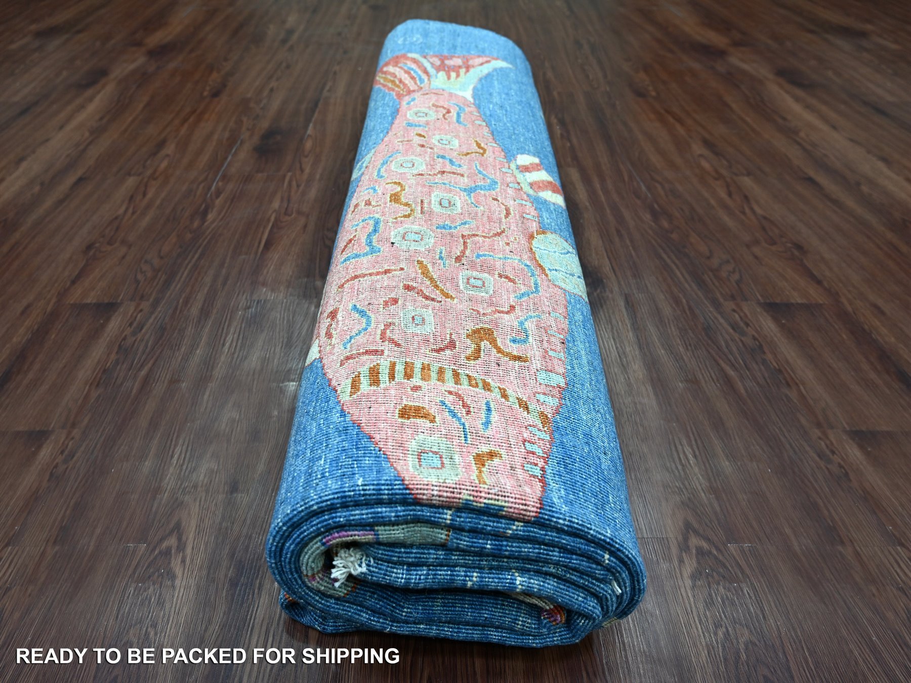 9'x11'9" Imperial Blue, Afghan Peshawar with Colorful Oceanic Fish Design, Soft and Shiny Wool, Hand Knotted, Oriental Rug HR21889 - Image 9