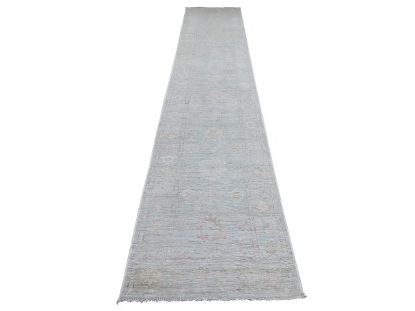 2'8"x13'8" Beau Blue, Afghan Angora Oushak with Faded Out Leaf Design, Hand Knotted, 100% Wool, Natural Dyes, Runner, Oriental Rug HR22024