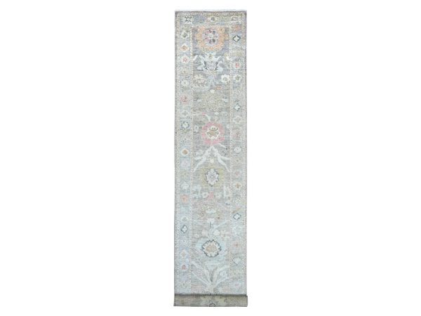 3'x19' Faded Brown, Hand Knotted, Afghan Angora Oushak with Large Leaf Design, 100% Wool, Vegetable Dyes, XL Runner, Oriental Rug HR22027