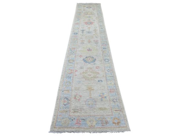 2'8"x14' Light Gray, Afghan Angora Oushak with All Over Leaf Design, Hand Knotted, 100% Wool, Vegetable Dyes, Runner, Oriental Rug HR22029