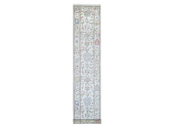 2'9"x15'8" Daisy White, Afghan Angora Oushak with All Over Leaf Design, Hand Knotted, 100% Wool, Vegetable Dyes, XL Runner, Oriental Rug HR22031