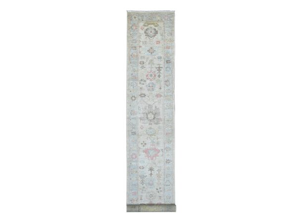 2'9"x17'3" Oyster Gray, Hand Knotted, Afghan Angora Oushak with All Over Leaf Design, 100% Wool, Vegetable Dyes, XL Runner, Oriental Rug HR22032