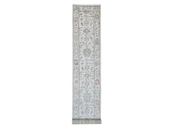2'10"x20'7" Daisy White, Afghan Angora Oushak with All Over Leaf Design, Hand Knotted, 100% Wool, Vegetable Dyes, XL Runner, Oriental Rug HR22052