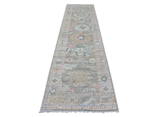 3'1"x11'7" Faded Brown, Afghan Angora Oushak with Large Leaf Design, Hand Knotted, 100% Wool, Natural Dyes, Runner, Oriental Rug HR22054