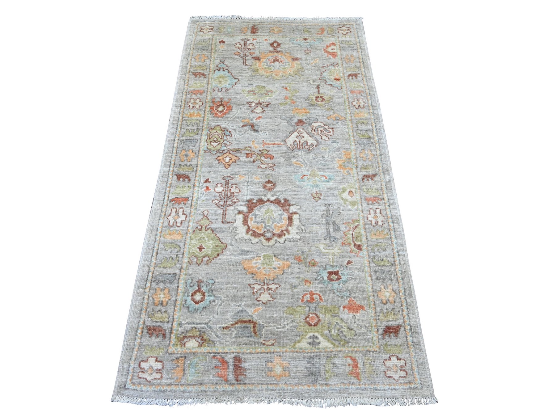 3'x6' Misty Gray, Afghan Angora Oushak with All Over Leaf Design, Hand Knotted, 100% Wool, Vegetable Dyes, Runner, Oriental Rug HR22057