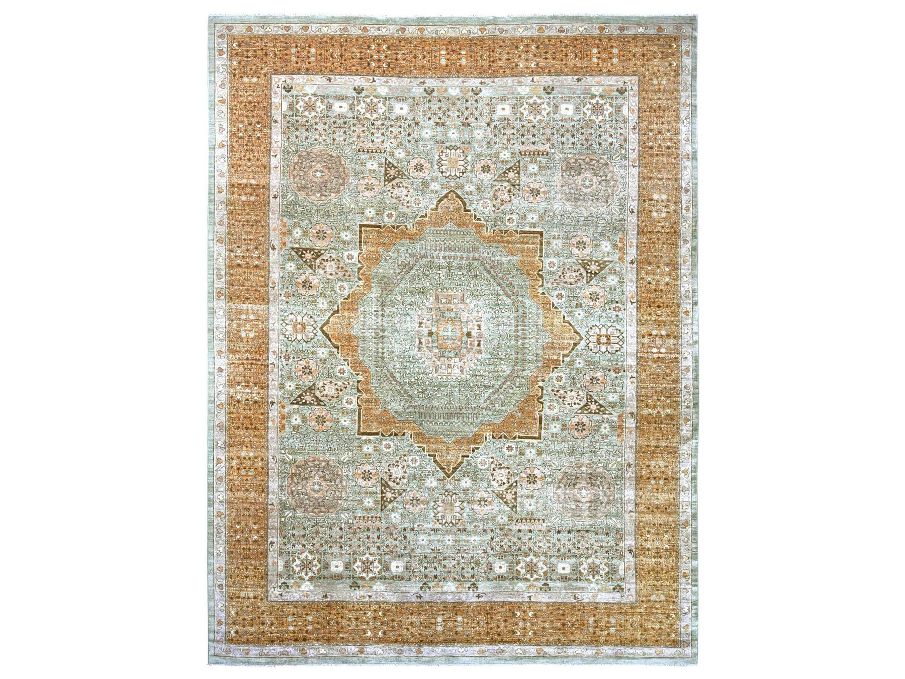 12'1"x15'6" Pistachio Green, 14th Century Mamluk Dynasty Pattern with Star Medallion Design, Hand Knotted, High Mountain Wool, Vegetable Dyes, XL, Oversized, Oriental Rug HR22140