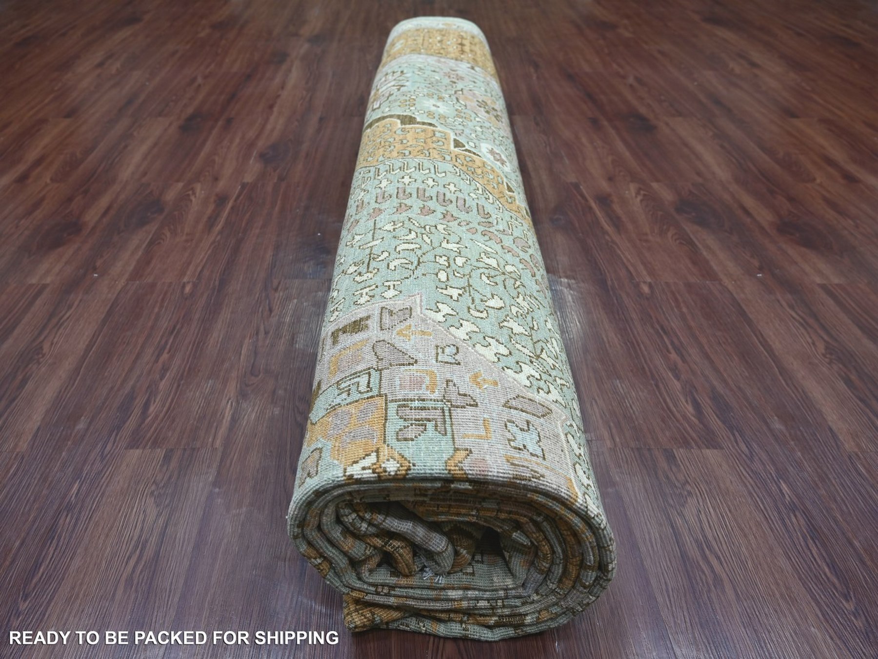 12'1"x15'6" Pistachio Green, 14th Century Mamluk Dynasty Pattern with Star Medallion Design, Hand Knotted, High Mountain Wool, Vegetable Dyes, XL, Oversized, Oriental Rug HR22140 - Image 9