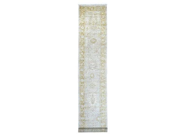 2'9"x17'4" Light Gray, Afghan Angora Oushak with All Over Leaf Design, Hand Knotted, 100% Wool, Vegetable Dyes, XL Runner, Oriental Rug HR22152