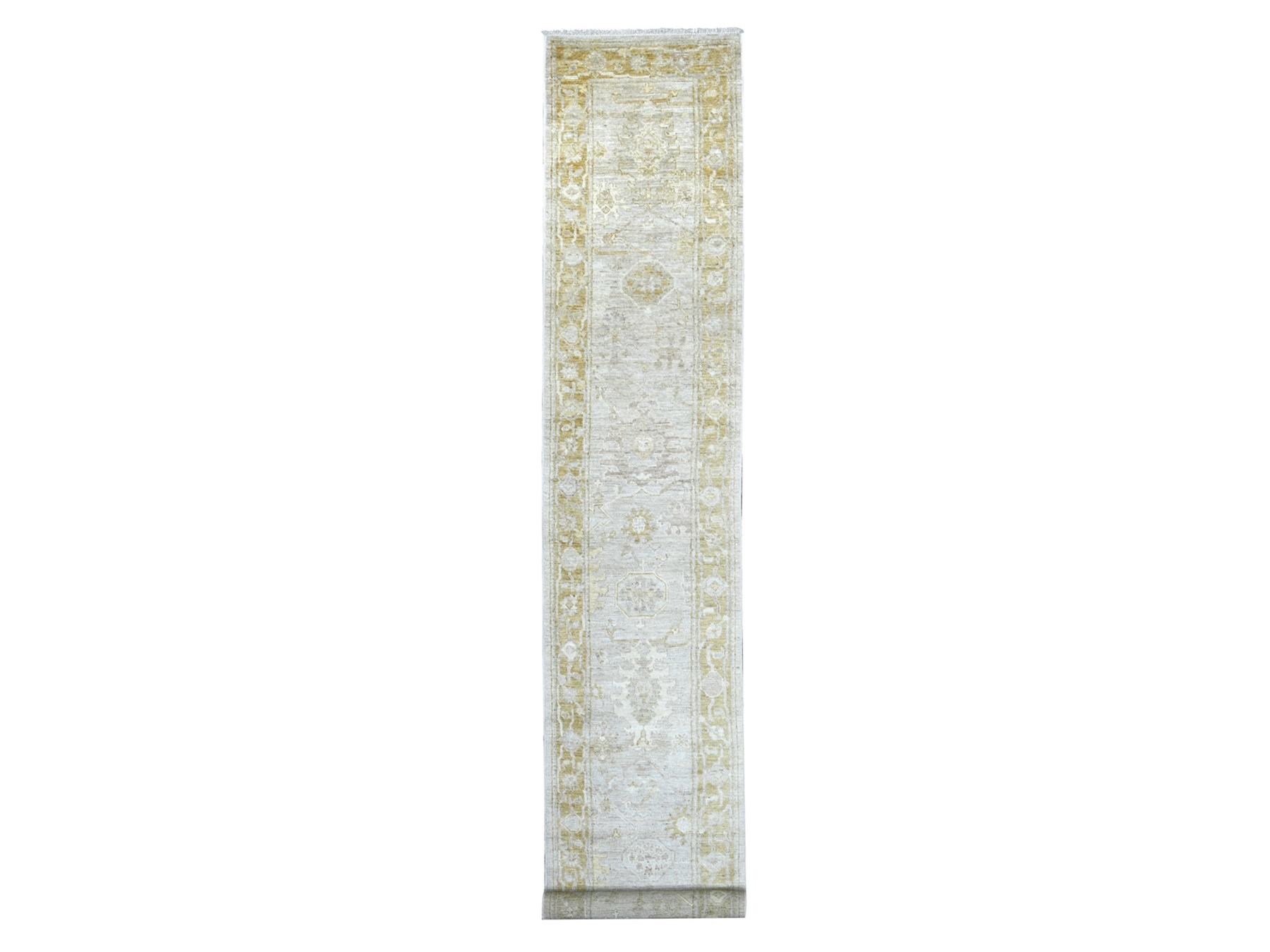 2'9"x17'4" Light Gray, Afghan Angora Oushak with All Over Leaf Design, Hand Knotted, 100% Wool, Vegetable Dyes, XL Runner, Oriental Rug HR22152