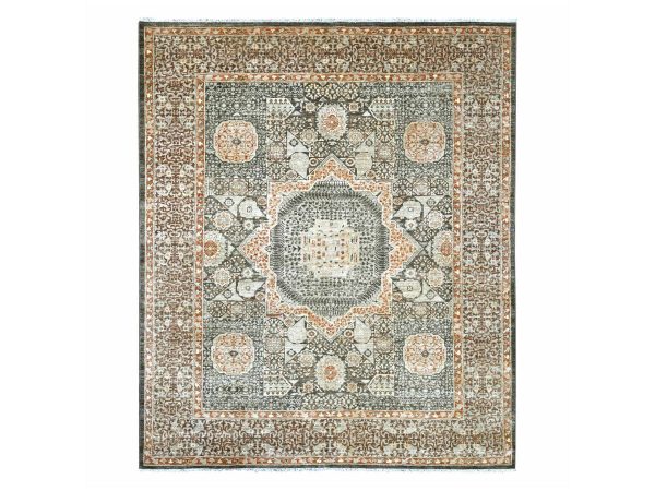 8'3"x9'9" Mocha Brown, Hand Knotted, 14th Century Mamluk Dynasty Pattern with Star Medallion Design, High Mountain Wool, Vegetable Dyes, Oriental Rug HR22165