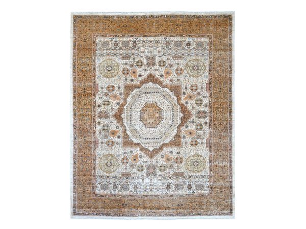 8'1"x10' Pearl White, 14th Century Mamluk Dynasty Pattern with Star Medallion Design, Hand Knotted, High Mountain Wool, Vegetable Dyes, Oriental Rug HR22166