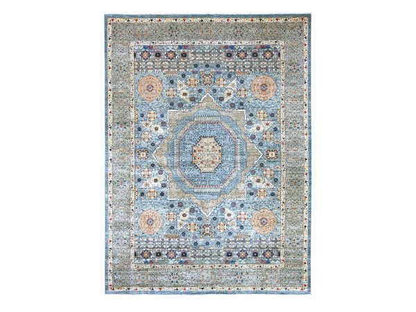 12'x15'9" Carolina Blue, 14th Century Mamluk Dynasty Pattern with Star Medallion Design, Hand Knotted, High Mountain Wool, Vegetable Dyes, XL, Oversized, Oriental Rug HR22179