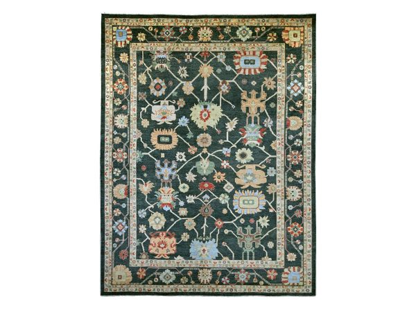 12'1"x15'7" Charleston Green, Afghan Angora Oushak with Colorful Leaf Design, Hand Knotted, 100% Wool, Vegetable Dyes, XL, Oversized, Oriental Rug HR22184