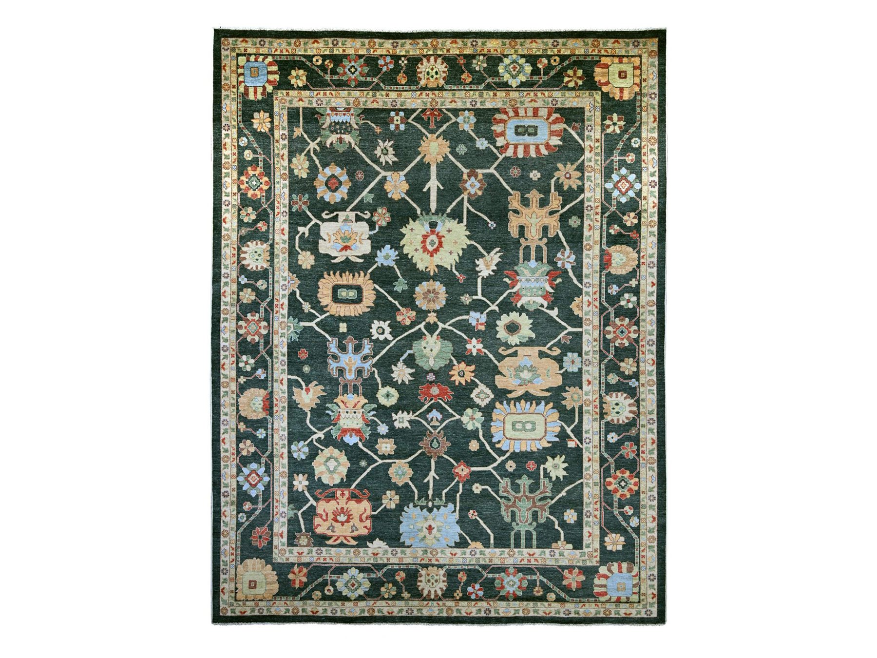 12'1"x15'7" Charleston Green, Afghan Angora Oushak with Colorful Leaf Design, Hand Knotted, 100% Wool, Vegetable Dyes, XL, Oversized, Oriental Rug HR22184