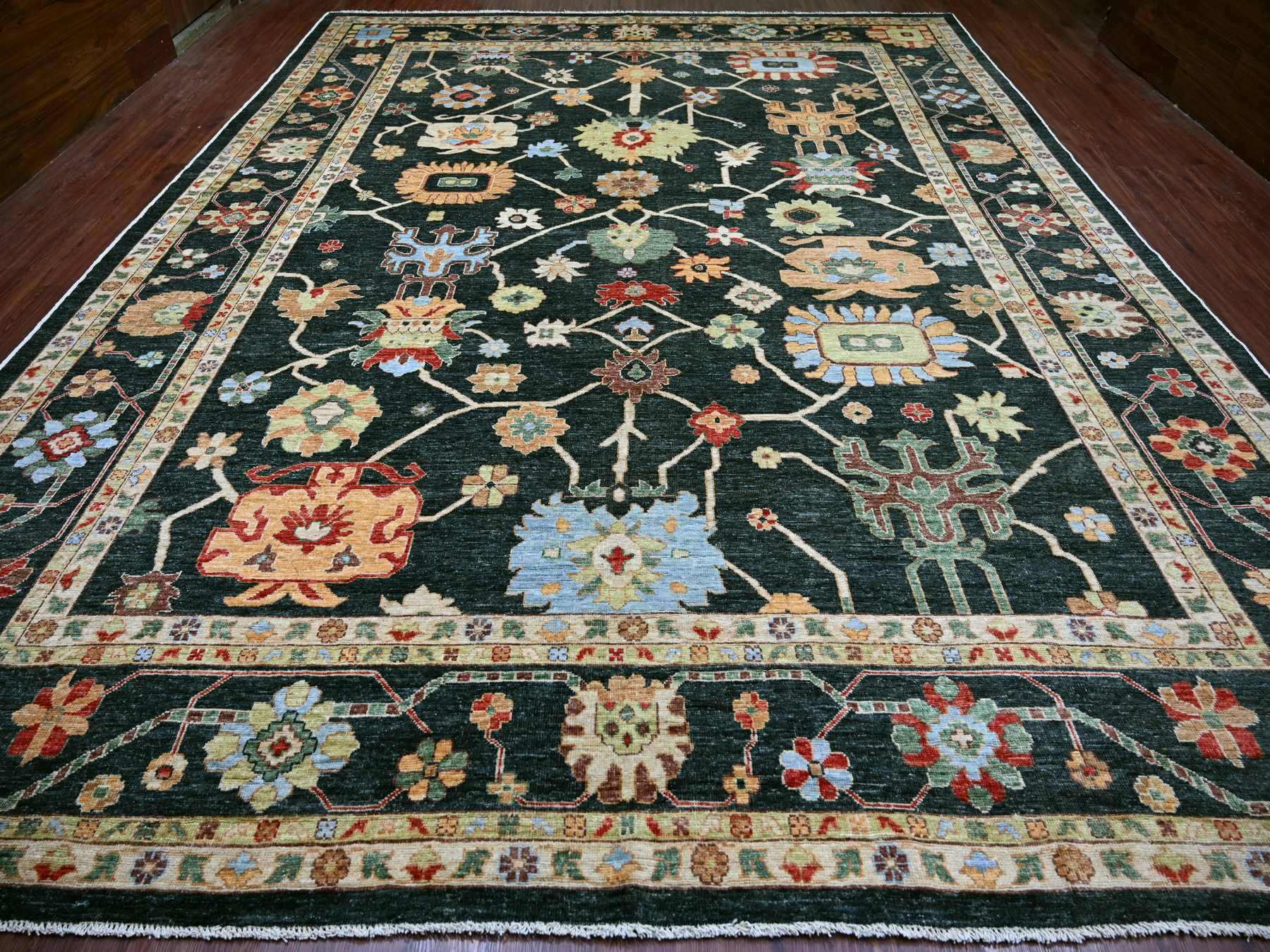 12'1"x15'7" Charleston Green, Afghan Angora Oushak with Colorful Leaf Design, Hand Knotted, 100% Wool, Vegetable Dyes, XL, Oversized, Oriental Rug HR22184 - Image 2