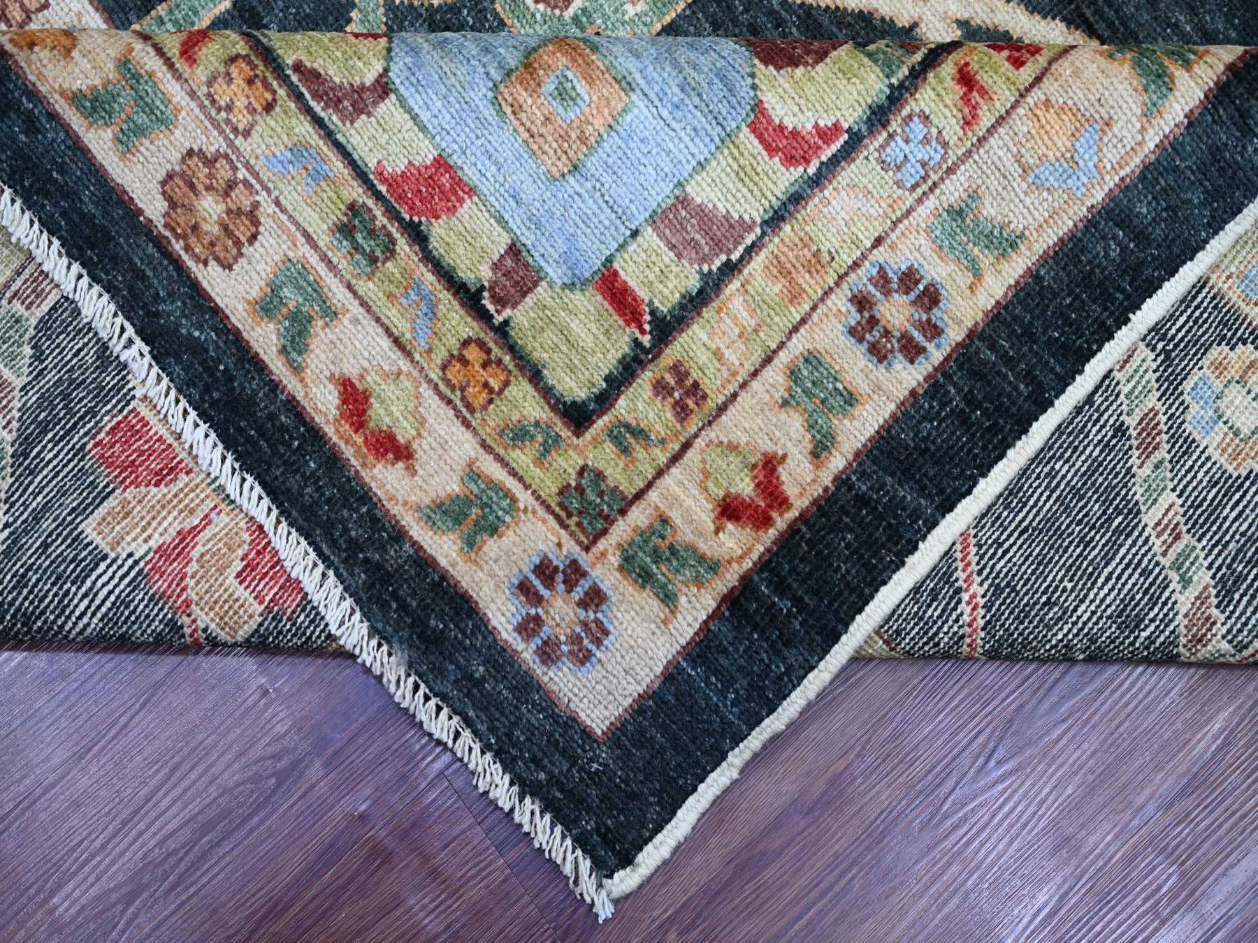 12'1"x15'7" Charleston Green, Afghan Angora Oushak with Colorful Leaf Design, Hand Knotted, 100% Wool, Vegetable Dyes, XL, Oversized, Oriental Rug HR22184 - Image 6