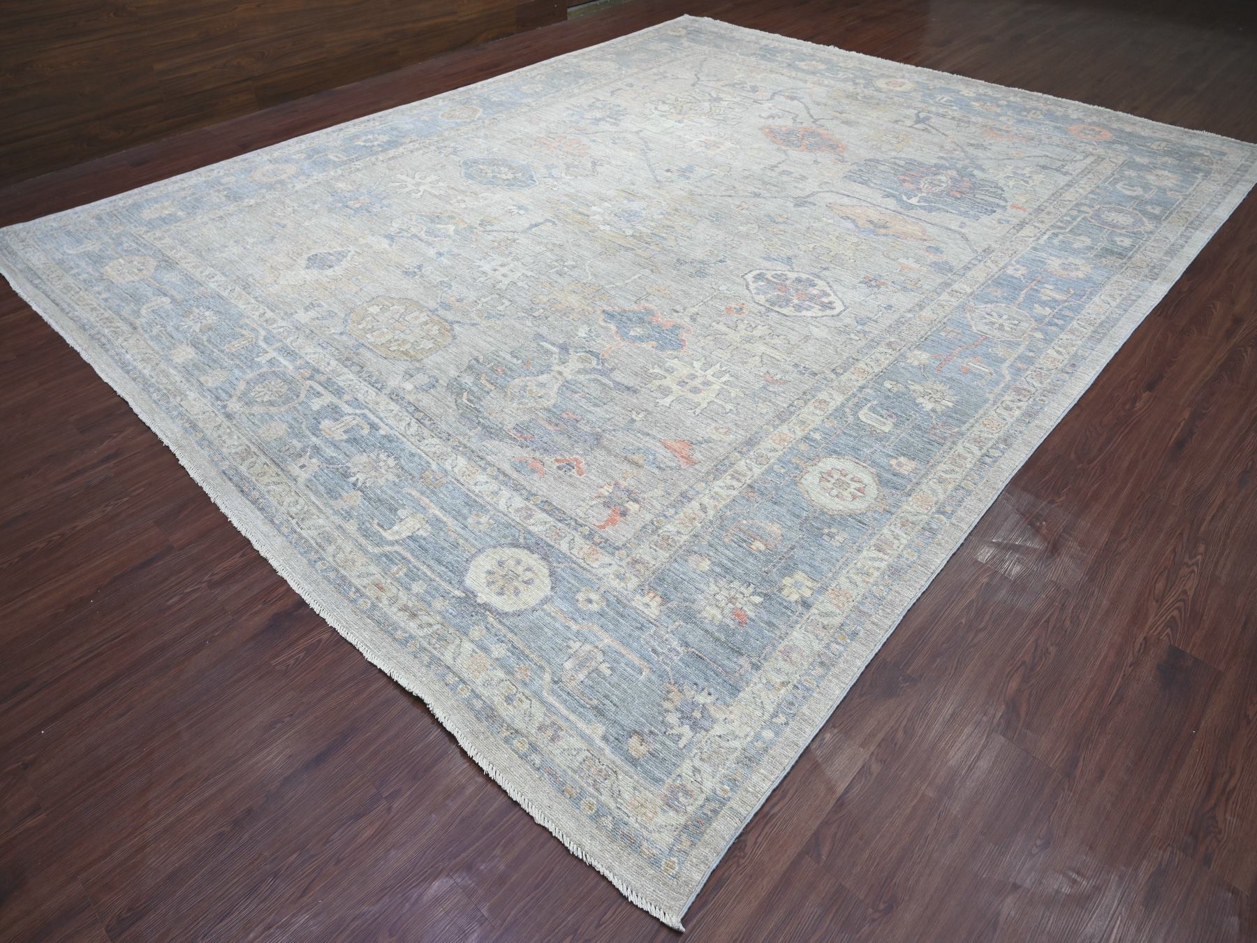 11'10"x14'6" Light Gray, Hand Knotted, Afghan Angora Oushak with All Over Leaf Design, 100% Wool, Vegetable Dyes, Oversized, XL, Oriental Rug HR22185 - Image 3