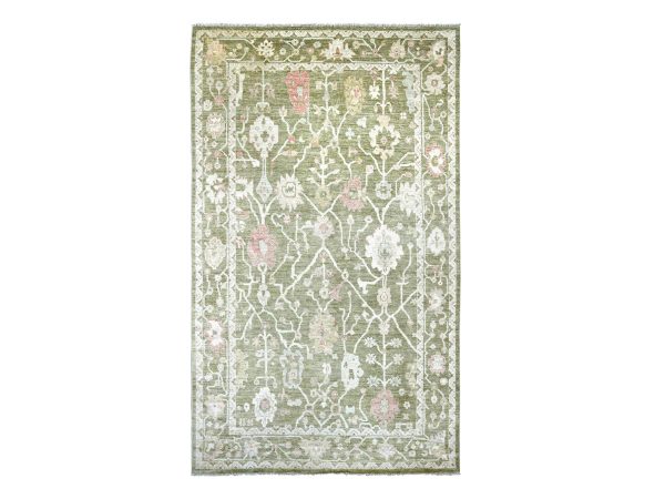 7'x11'10" Moss Green, Afghan Angora Oushak with All Over Leaf Design, Hand Knotted, 100% Wool, Vegetable Dyes, Oriental Rug HR22188