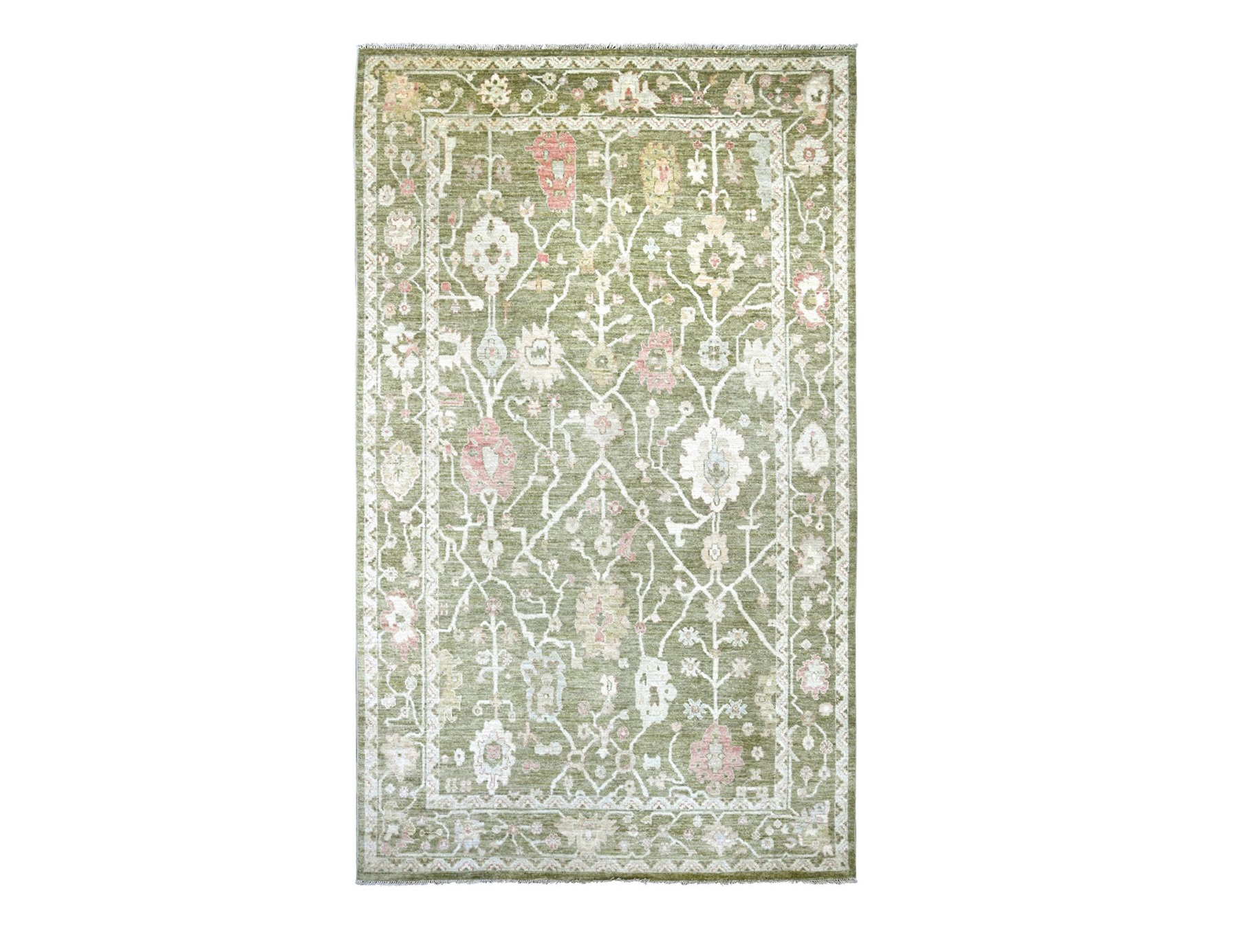 7'x11'10" Moss Green, Afghan Angora Oushak with All Over Leaf Design, Hand Knotted, 100% Wool, Vegetable Dyes, Oriental Rug HR22188