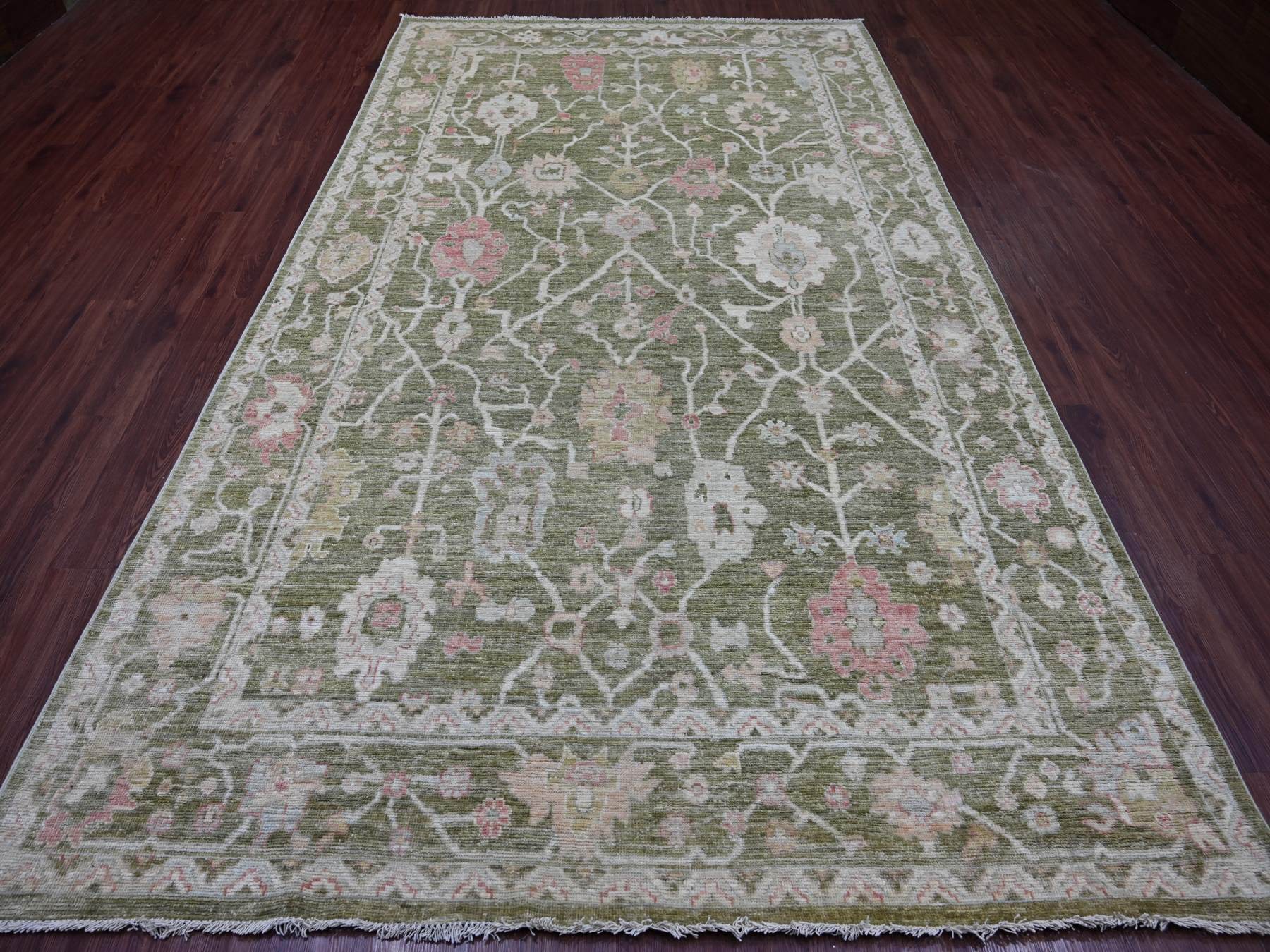 7'x11'10" Moss Green, Afghan Angora Oushak with All Over Leaf Design, Hand Knotted, 100% Wool, Vegetable Dyes, Oriental Rug HR22188 - Image 2