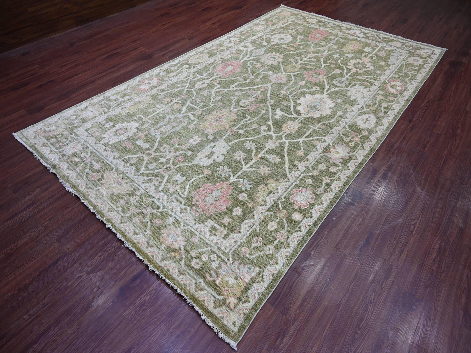 7'x11'10" Moss Green, Afghan Angora Oushak with All Over Leaf Design, Hand Knotted, 100% Wool, Vegetable Dyes, Oriental Rug HR22188 - Image 3