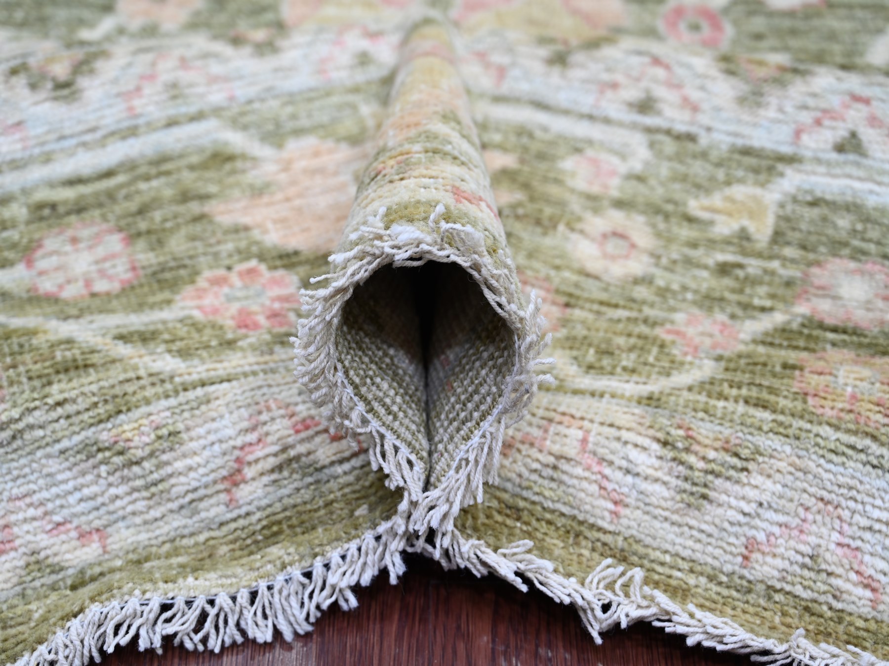 7'x11'10" Moss Green, Afghan Angora Oushak with All Over Leaf Design, Hand Knotted, 100% Wool, Vegetable Dyes, Oriental Rug HR22188 - Image 5