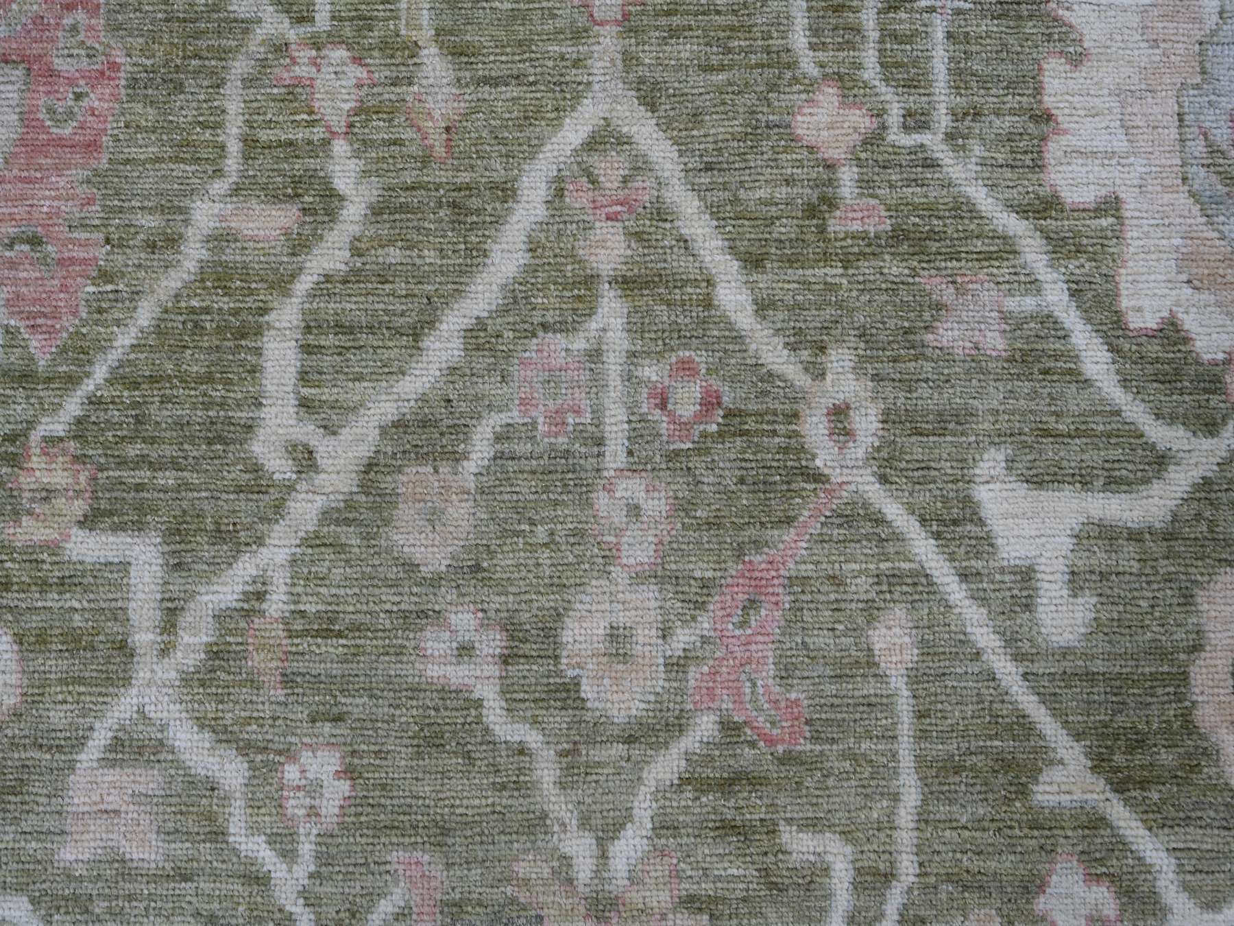 7'x11'10" Moss Green, Afghan Angora Oushak with All Over Leaf Design, Hand Knotted, 100% Wool, Vegetable Dyes, Oriental Rug HR22188 - Image 8