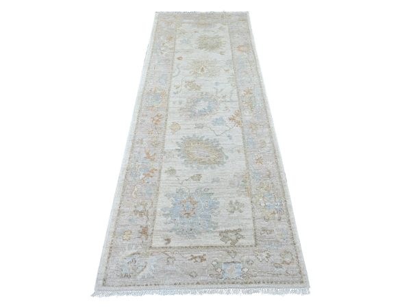 3'x8' Light Gray, Hand Knotted, Afghan Angora Oushak with Large Leaf Design, 100% Wool, Vegetable Dyes, Runner, Oriental Rug HR22191