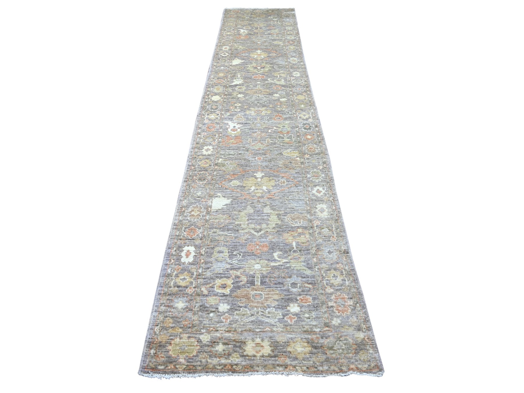3'x15' Coffee Brown, Afghan Angora Oushak with All Over Leaf Design, Hand Knotted, 100% Wool, Vegetable Dyes, XL Runner, Oriental Rug HR22194