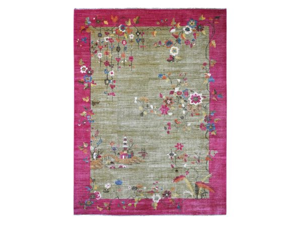 9'x11'9" Swamp Green, Chinese Art Deco Inspired Peshawar, Vegetable Dyes, Hand Knotted, Soft and Shiny Wool, Oriental Rug HR22229