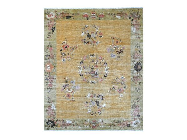 8'x9'7" Golden Brown, Chinese Art Deco Inspired Peshawar, Soft and Velvety Wool, Vegetable Dyes, Hand Knotted, Oriental Rug HR22231