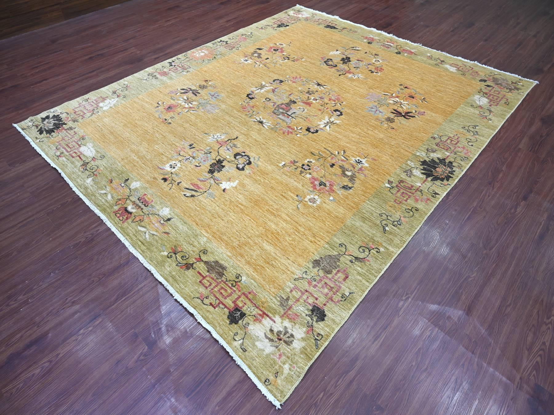 8'x9'7" Golden Brown, Chinese Art Deco Inspired Peshawar, Soft and Velvety Wool, Vegetable Dyes, Hand Knotted, Oriental Rug HR22231 - Image 3