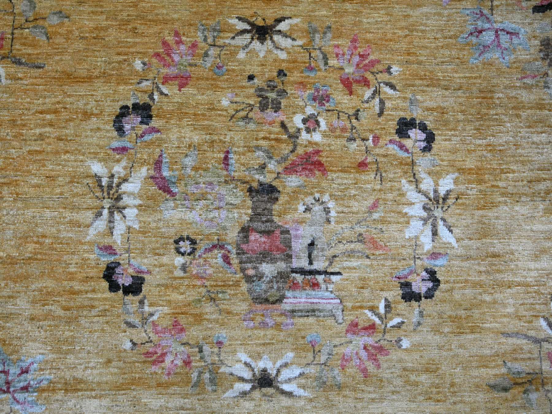 8'x9'7" Golden Brown, Chinese Art Deco Inspired Peshawar, Soft and Velvety Wool, Vegetable Dyes, Hand Knotted, Oriental Rug HR22231 - Image 8