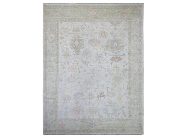 11'8"x15' Light Gray, Afghan Angora Oushak with All Over Leaf Design, 100% Wool, Hand Knotted, Vegetable Dyes, XL, Oversized, Oriental Rug HR22235