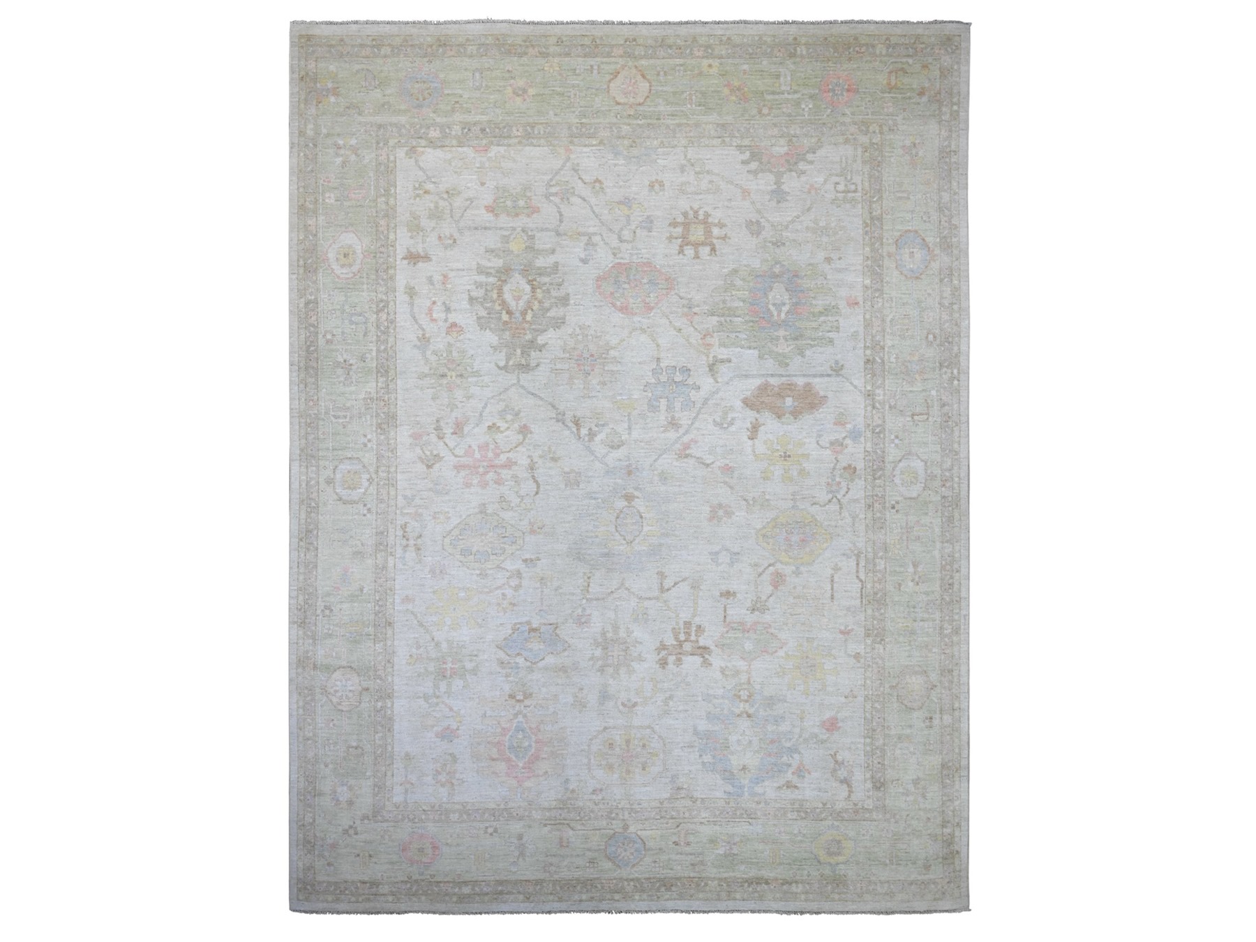 11'8"x15' Light Gray, Afghan Angora Oushak with All Over Leaf Design, 100% Wool, Hand Knotted, Vegetable Dyes, XL, Oversized, Oriental Rug HR22235