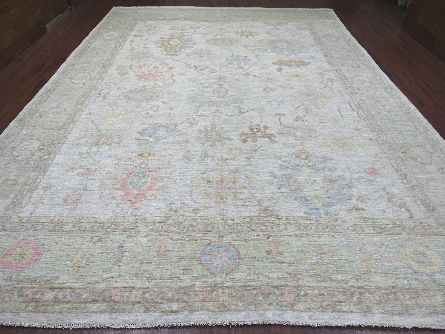 11'8"x15' Light Gray, Afghan Angora Oushak with All Over Leaf Design, 100% Wool, Hand Knotted, Vegetable Dyes, XL, Oversized, Oriental Rug HR22235 - Image 2