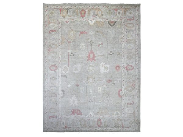 11'8"x15'4" Pastel Gray, Afghan Angora Oushak with All Over Leaf Design, 100% Wool, Hand Knotted, Vegetable Dyes, XL, Oversized, Oriental Rug HR22236