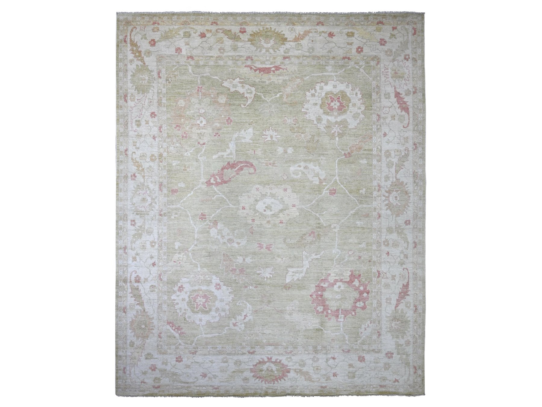 11'9"x14'4" Light Green, Afghan Angora Oushak with Large Leaf Design, 100% Wool, Hand Knotted, Vegetable Dyes, XL, Oversized, Oriental Rug HR22237