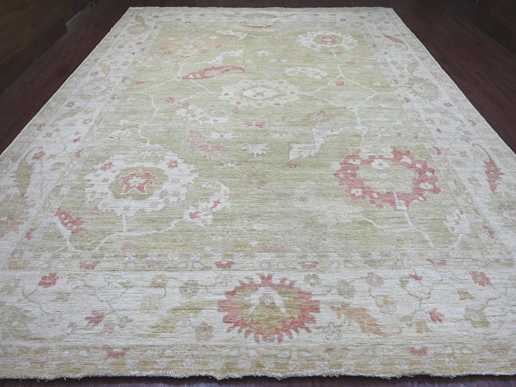 11'9"x14'4" Light Green, Afghan Angora Oushak with Large Leaf Design, 100% Wool, Hand Knotted, Vegetable Dyes, XL, Oversized, Oriental Rug HR22237 - Image 2