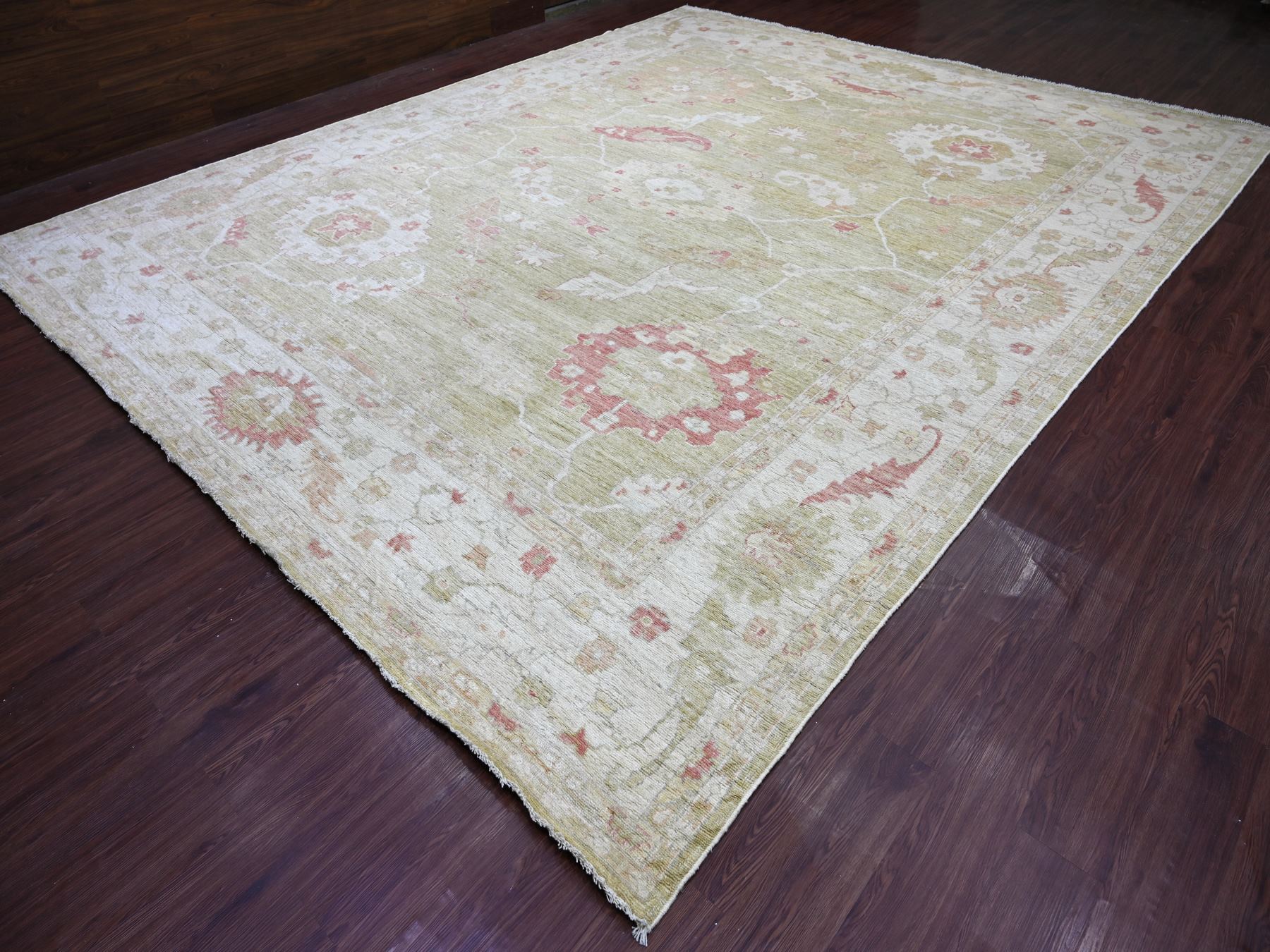 11'9"x14'4" Light Green, Afghan Angora Oushak with Large Leaf Design, 100% Wool, Hand Knotted, Vegetable Dyes, XL, Oversized, Oriental Rug HR22237 - Image 3