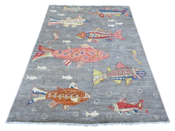 5'x6'9" Misty Gray, Afghan Peshawar with Colorful Oceanic Fish Design, Soft and Velvety Wool, Hand Knotted, Oriental Rug HR22243