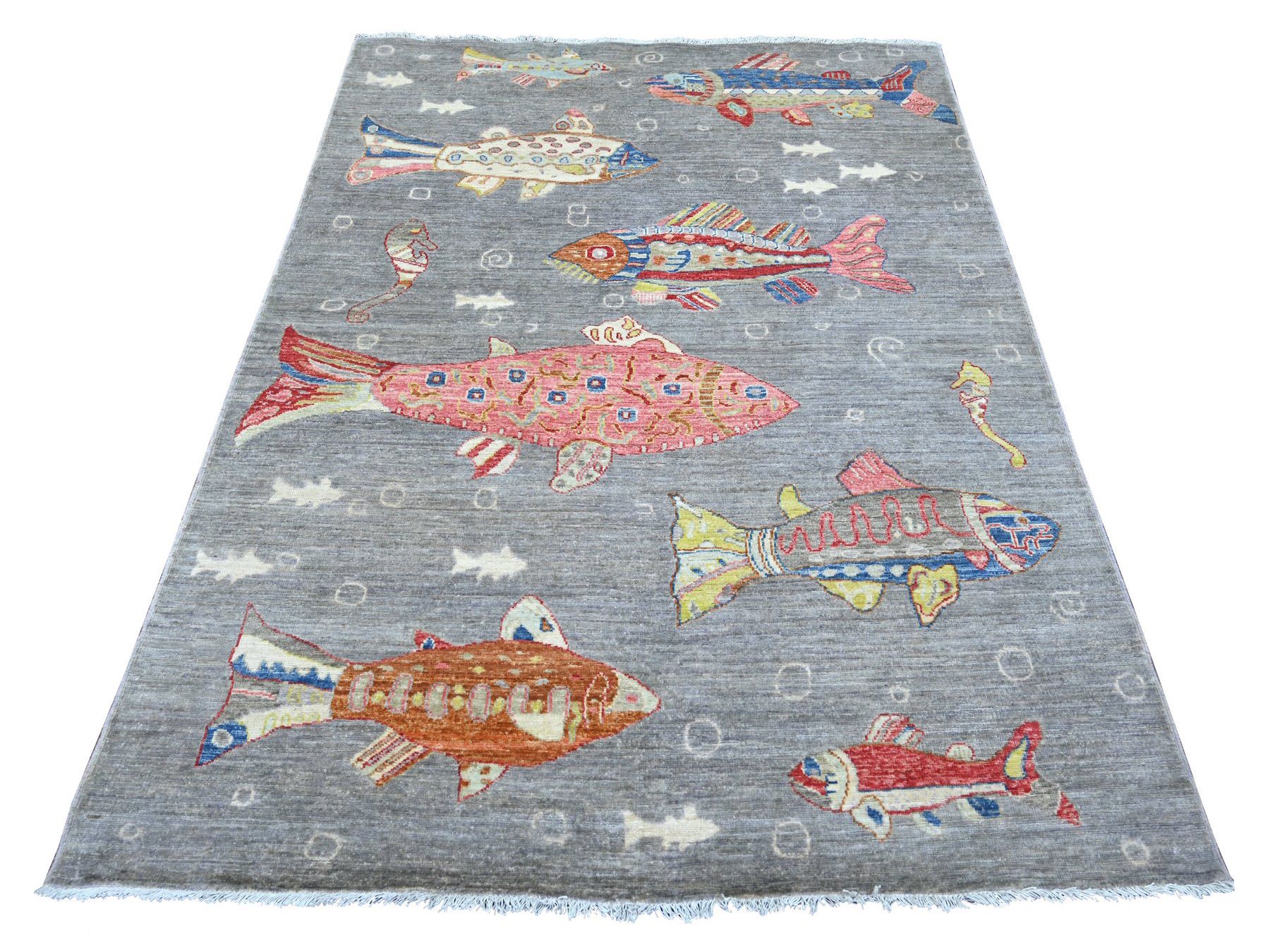 5'x6'9" Misty Gray, Afghan Peshawar with Colorful Oceanic Fish Design, Soft and Velvety Wool, Hand Knotted, Oriental Rug HR22243