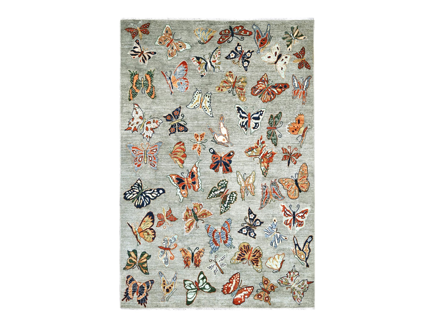 5'10"x8'8" Light Gray, Afghan Peshawar with Colorful Butterfly Design, Hand Knotted, Soft and Velvety Wool, Oriental Rug HR22244
